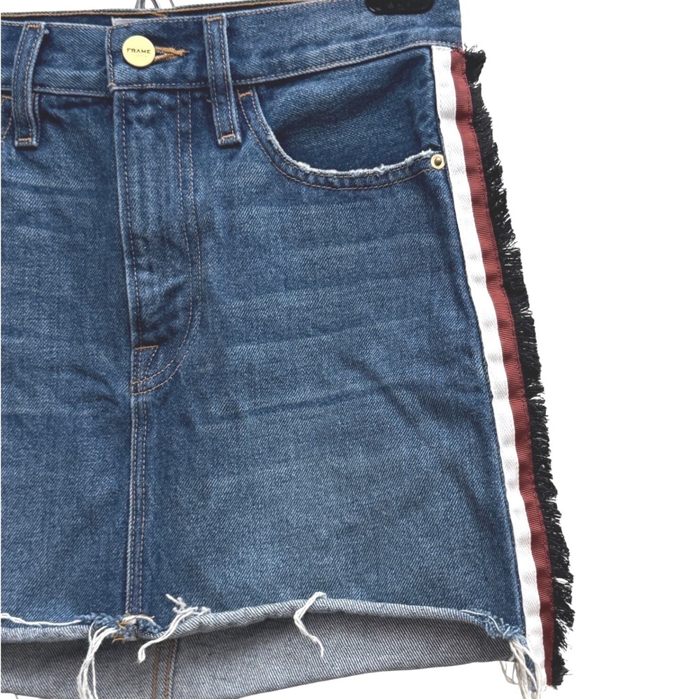 FRAME Denim Multi Tape Side Stripe Mini Skirt Blue Size 24 Raw‎ Hem Distressed - Picture 4 of 7